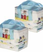 Set van 2x stuks kleine koeltassen voor lunch wit met haven en strand print 16 x 21 x 14 cm 4 7 l