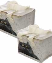 Set van 2x stuks kleine koeltassen voor lunch wit met kim haskins katten print 16 x 21 x 14 cm 4 7 l